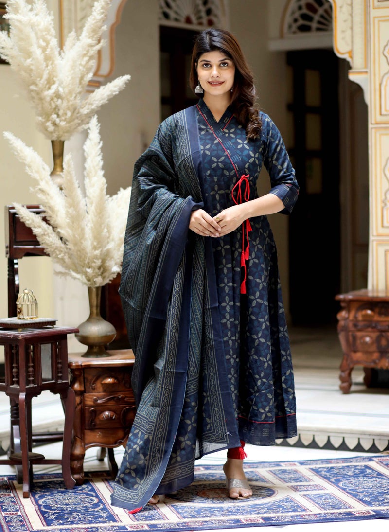 Miravan Women's Blue Angrakha Kurta with Dupatta - Image 2